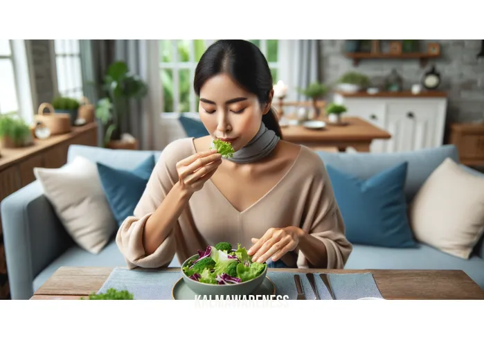 mindfully food cravings _ Image: A person practices mindful eating, savoring a fresh salad with focused attention. They sit at a well-set dining table with a plate of colorful, nutritious food in front of them. Image description: A mindful eater fully engaged in the present, relishing a healthy meal at a beautifully arranged dining table.