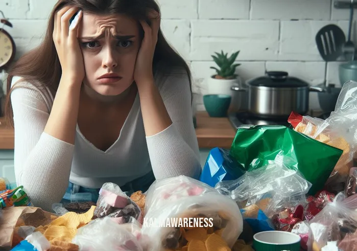 how mindfully manage food cravings _ Image: A cluttered kitchen counter with open bags of chips, candy wrappers, and a person