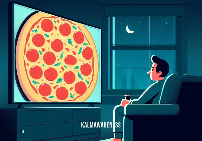 how mindfully manage food cravings _ Image: A person sitting on a couch, staring at a TV screen showing a tempting pizza commercial.Image description: A person on the sofa, fixated on a mouthwatering pizza advertisement on the television, illustrating the allure of cravings.
