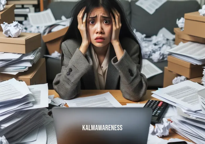 mindful images _ Image: A cluttered desk with papers, open laptop, and a stressed person surrounded by chaos.Image description: An overwhelmed individual sits at a messy desk, with scattered documents and an open laptop, appearing visibly stressed.