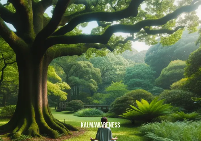 mindful images _ Image: A serene park bench under a tree with a person meditating, surrounded by lush greenery and birds.Image description: A tranquil park scene featuring a person peacefully meditating on a bench under a tree, amidst nature