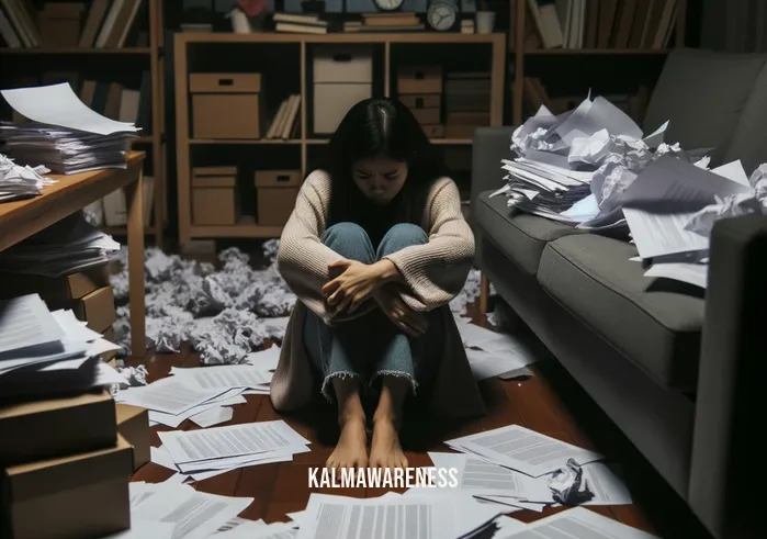 yoga and mindfulness therapy _ Image: A cluttered and chaotic living room with scattered papers, a stressed person sitting amidst the mess, looking overwhelmed.Image description: A person in casual clothing sits cross-legged on the floor, surrounded by clutter in a dimly lit living room, appearing stressed and overwhelmed.