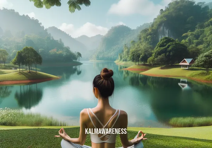 yoga and mindfulness therapy _ Image: A serene outdoor setting with a person in yoga attire meditating by a tranquil lake, surrounded by lush greenery and a clear blue sky.Image description: A person dressed in yoga attire sits in a peaceful, natural setting by a calm lake, engaged in a meditative pose, radiating serenity.