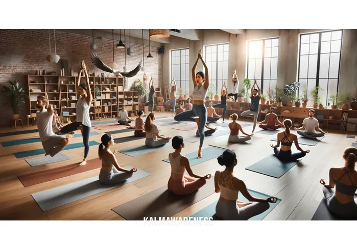 yoga and mindfulness therapy _ Image: A group of diverse individuals in a yoga studio, participating in a mindful yoga class, practicing various poses, and deepening their practice.Image description: A diverse group of people in a well-lit yoga studio, practicing mindful yoga poses together, fostering a sense of community and self-awareness.