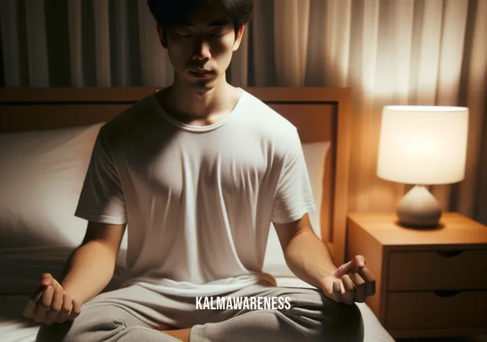 meditation to fall asleep fast _ Image: The same bedroom, now with the person sitting cross-legged on the bed, attempting to meditate.Image description: The restless figure sits cross-legged on the bed, their face illuminated by the gentle glow of a bedside lamp, as they begin to meditate in an effort to calm their racing mind.