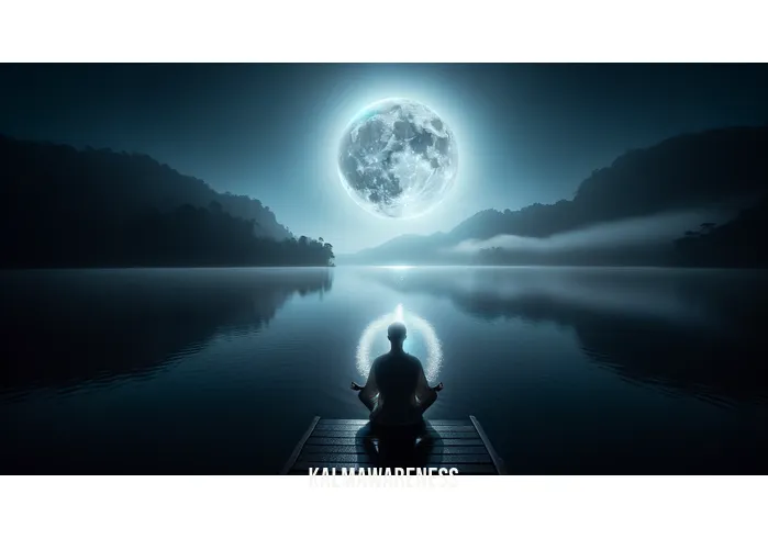 meditation to fall asleep fast _ Image: A serene nature scene with a person meditating by a tranquil lake under the moonlight.Image description: Transported by meditation, the person now envisions themselves by a serene moonlit lake, surrounded by the tranquil sounds of nature, finding inner peace.