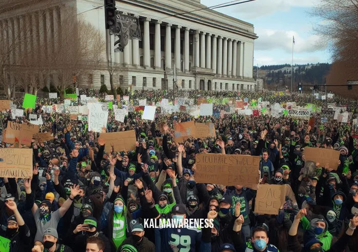 seahawks demonstration _ Image: A crowded city street filled with protesters wearing Seahawks jerseys, holding signs, and chanting slogans in front of a government building.Image description: Hundreds of Seahawks fans gather in solidarity, demanding change and justice.