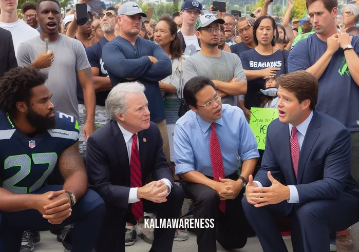 seahawks demonstration _ Image: Local community leaders and politicians join the protest, engaging in a dialogue with the Seahawks players and fans, listening to their concerns.Image description: Elected officials and Seahawks representatives discuss actionable steps toward a solution.