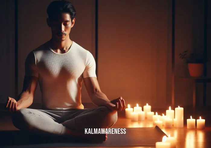 short meditation for sleep _ Image: The same person sitting cross-legged on a yoga mat, surrounded by candles.Image description: The person has transitioned to a serene environment, with soft candlelight illuminating their peaceful face as they prepare for meditation.