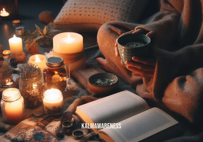 insomnia story _ Image: A person sitting on a cozy couch, sipping herbal tea, surrounded by soothing candles and a calming book. Image description: Seeking solace in a peaceful midnight ritual.