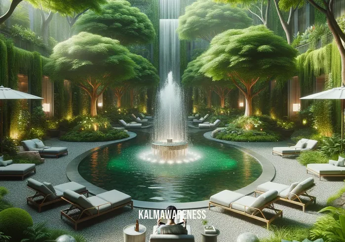 a-list relaxation _ Image: A serene garden with lush greenery, a bubbling fountain, and comfortable lounge chairs.Image description: The same parent now relaxes in one of the chairs, a book in hand, enjoying the peace and tranquility.