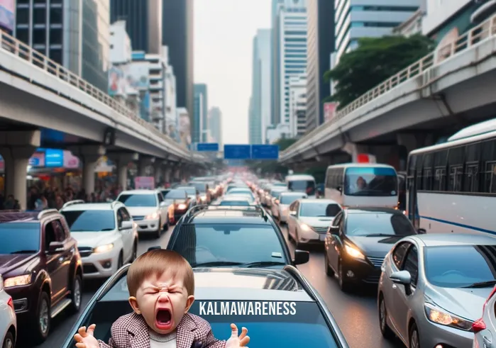 a-list relaxation _ Image: A crowded and noisy city street during rush hour.Image description: The parent is seen stuck in traffic, honking cars all around, a look of frustration on their face.