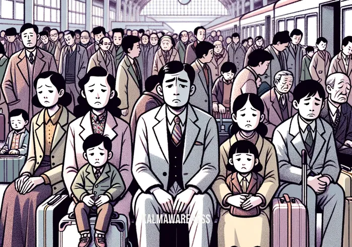 holiday relief _ Image: A family sitting on their suitcases at a train station, children looking disheartened, as they miss their train due to overcrowding.Image description: A family with sad expressions sitting on their suitcases at a crowded train station platform, their missed train pulling away in the background.