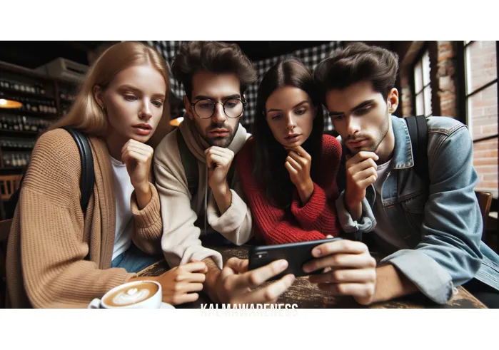 holiday relief _ Image: A group of friends huddled around a smartphone, searching for last-minute accommodations online, with a sense of urgency in their expressions.Image description: A group of friends, huddled together at a cafe table, searching for available accommodations on a smartphone, their faces showing determination to salvage their holiday plans.