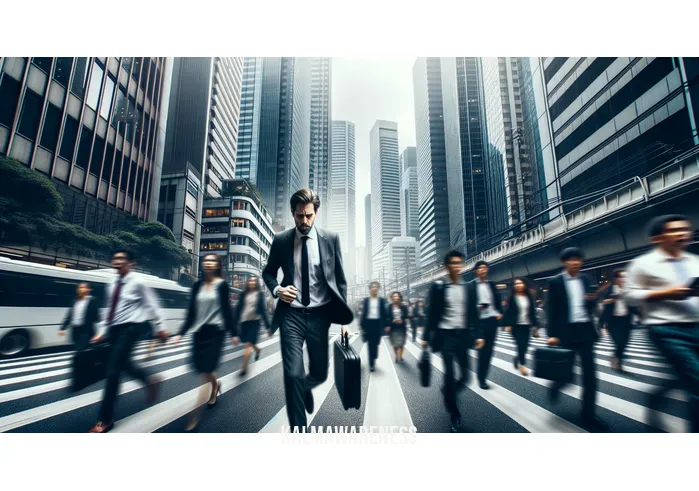 anti aging meditation _ Image: A busy urban street filled with stressed individuals rushing about. Image description: People in business attire, faces etched with stress, walking hurriedly amidst tall buildings and bustling traffic.