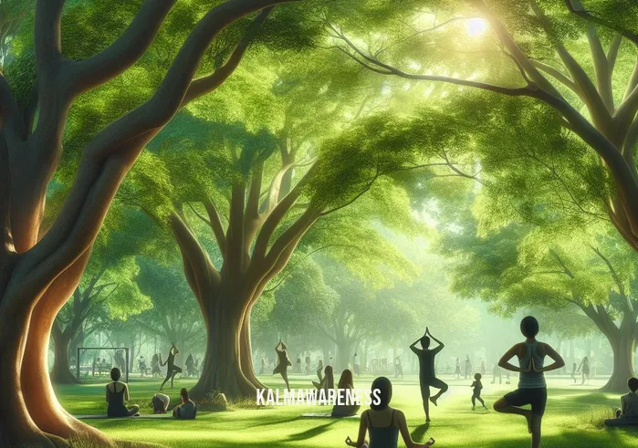 antidote for all _ Image: A serene park scene, with people practicing yoga and meditation under lush green trees.Image description: A peaceful park setting, showcasing individuals finding solace in nature and mindfulness.