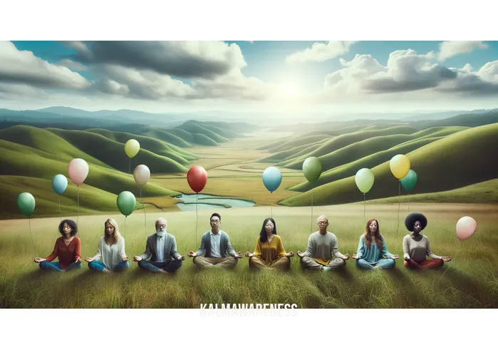 balloon meditation _ Image: A tranquil countryside scene, with a peaceful meadow surrounded by rolling hills. People sit comfortably, their faces serene, and balloons tied to their wrists float gently in the breeze.Image description: The serene countryside setting offers a contrast to the earlier urban chaos, with people now peacefully meditating, their worries symbolically attached to balloons.