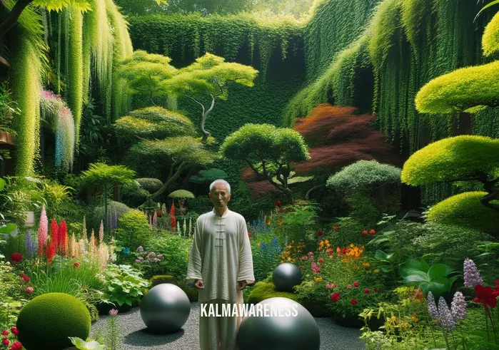 baoding balls spiritual _ Image: In a serene garden, the person stands amidst lush greenery, holding the Baoding balls with a sense of tranquility.Image description: Amidst nature