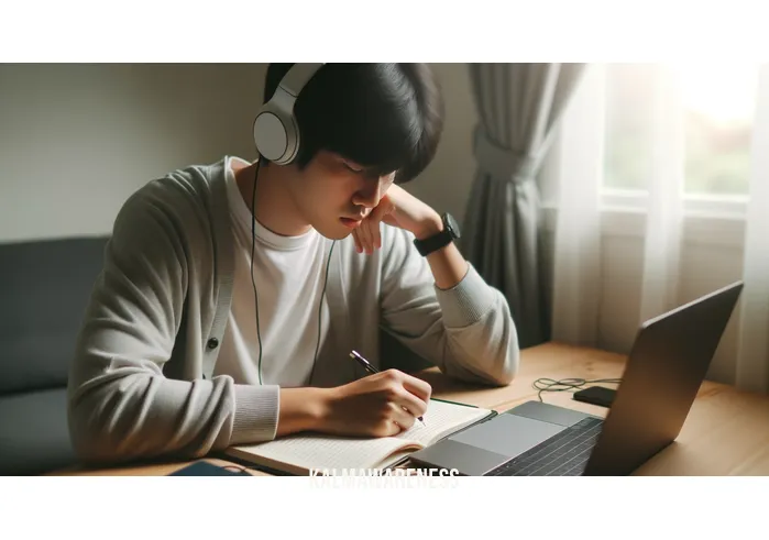 binaural beats adhd _ Image: A pair of headphones on a desk, connected to a laptop. The student, now calm, wears the headphones while studying, surrounded by a serene environment.Image description: Headphones placed on a neat desk, a student with ADHD finding solace in binaural beats while studying, the environment tranquil.