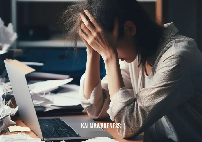 binaural beats headache relief _ Image: A person sitting at a desk, holding their head in discomfort, surrounded by a cluttered workspace.Image description: A young adult with a furrowed brow, experiencing a headache while working on a laptop amidst a messy desk.