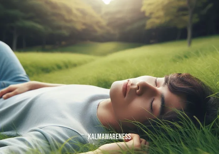 binaural beats headache relief _ Image: A serene outdoor setting with a person lying on a grassy meadow, eyes closed, trying to relax.Image description: A person in casual clothing reclining on lush green grass, attempting to alleviate their headache through relaxation.