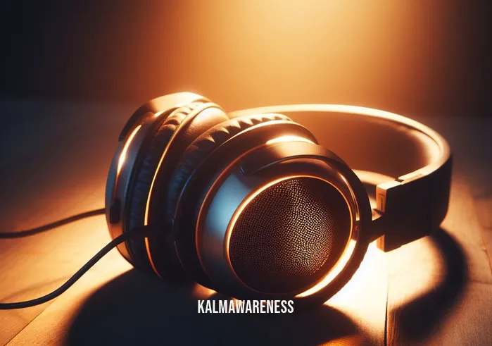 binaural beats headache relief _ Image: A pair of over-ear headphones placed on a wooden table, bathed in soft, soothing ambient lighting.Image description: A set of headphones illuminated by warm, gentle light, ready to be worn for a headache-relief session using binaural beats.