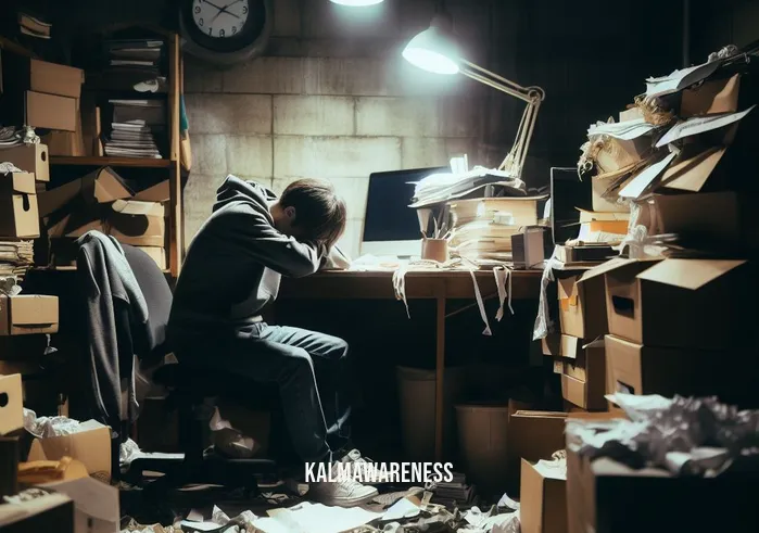 binaural beats motivation _ Image: A person sits slouched at a cluttered desk, surrounded by unfinished tasks and a dimly lit room.Image description: In the first image, we see a disorganized workspace with a person looking demotivated, overwhelmed by the chaos around them.