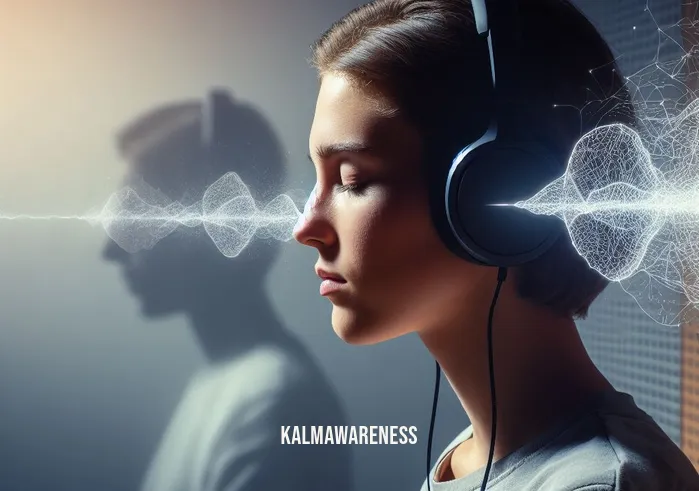 binaural beats motivation _ Image: The same person now wears headphones, sitting in a quieter, more organized space, eyes closed in concentration.Image description: In the second image, the individual has moved to a serene environment, wearing headphones, signaling their intent to change their state of mind with binaural beats.