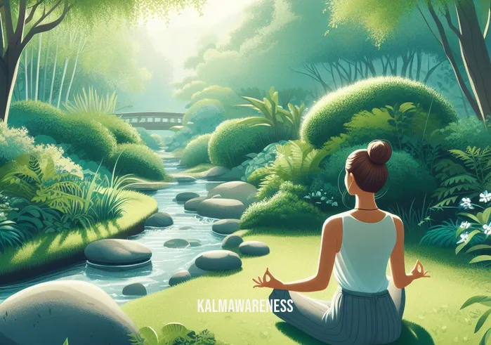 binaural beats stress _ Image: The woman practices mindfulness in a tranquil garden, surrounded by lush greenery and a gentle stream.Image description: In a serene garden setting, the woman practices mindfulness, basking in nature