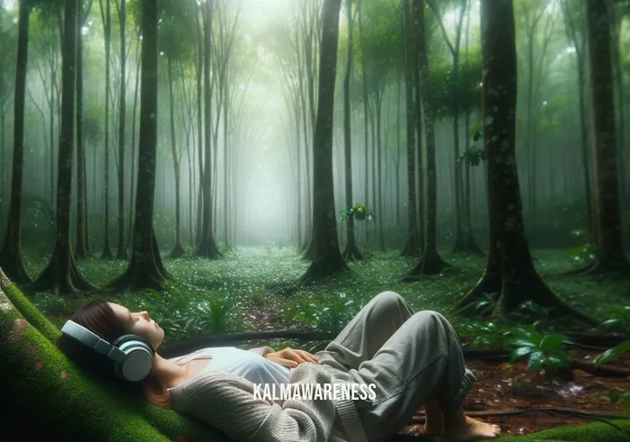 binaural dream _ Image: A serene forest scene with the person peacefully asleep under a tree, binaural beats playing in the background.Image description: A person peacefully sleeping under a tree in a tranquil forest, with headphones still on, as binaural beats play, helping them find rest.