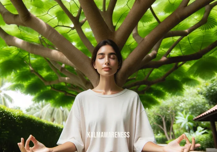 bipolar disorder meditation _ Image: The same person in a serene natural setting, meditating peacefully under a tree. Image description: The person has moved outdoors, sitting cross-legged beneath a lush tree, finding solace in nature.