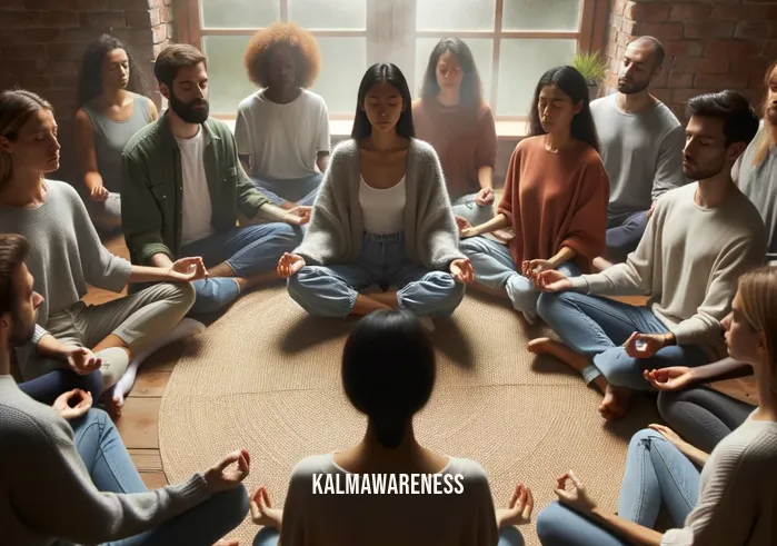 bipolar disorder meditation _ Image: A support group of individuals meditating together in a brightly lit room. Image description: Several people sitting in a circle, meditating with focused determination in a well-lit and supportive group environment.