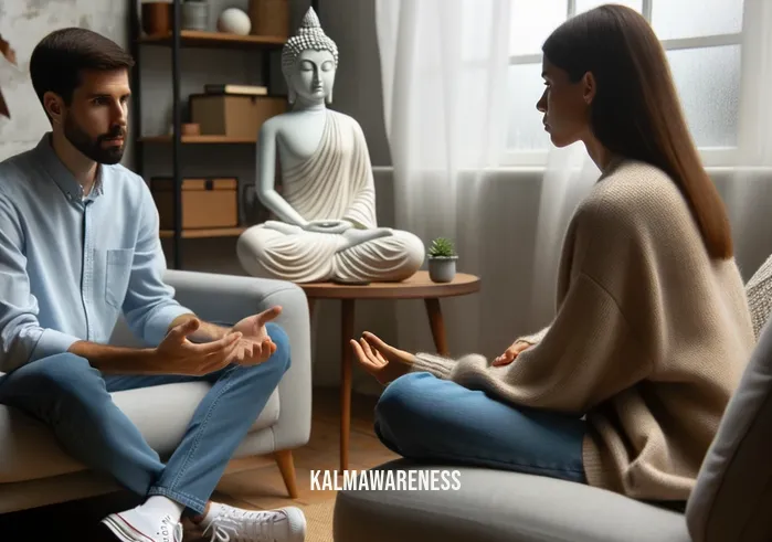 bipolar disorder meditation _ Image: The person from the first image now sits with a therapist, discussing their meditation journey. Image description: The individual engages in a one-on-one conversation with a compassionate therapist, reflecting on their meditation progress.