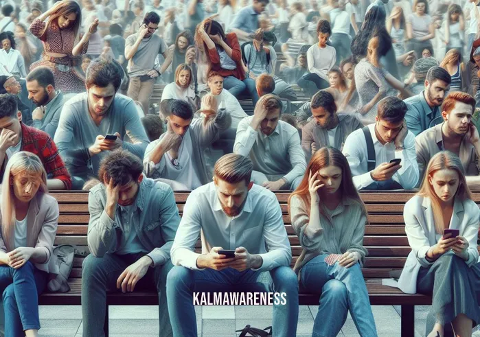 bird meditation _ Image: A crowded city park with people on benches, looking stressed and distracted. Image description: A bustling city park filled with people sitting on benches, their faces reflecting stress and distraction as they check their phones and watch the clock.