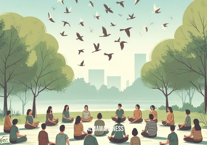 bird meditation _ Image: A park with people participating in a guided bird meditation session, looking more relaxed as they listen to a meditation leader. Image description: The same park now hosts a guided bird meditation session. People sit in a circle, visibly more relaxed, as they listen to a meditation leader who points out the birds in the trees.