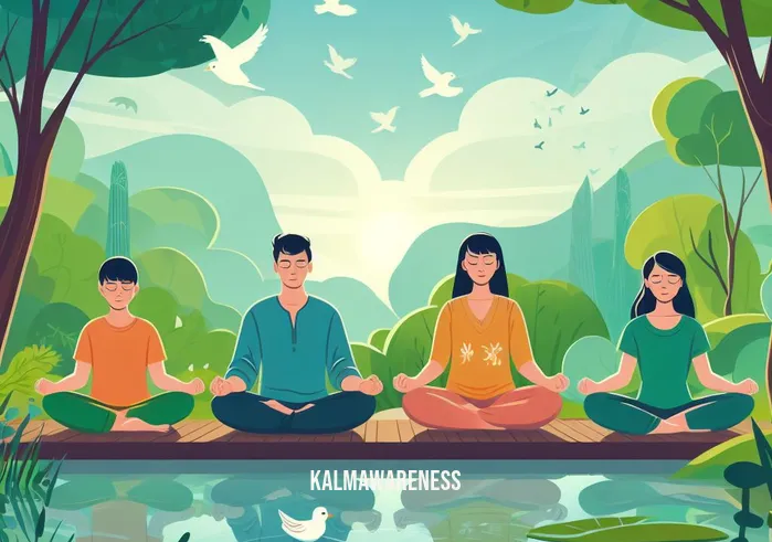 bird meditation _ Image: People meditating by a tranquil pond, surrounded by nature and birds, their faces serene and peaceful. Image description: Next to a tranquil pond, people meditate amidst the soothing sounds of nature and birdsong. Their faces radiate peace and serenity.