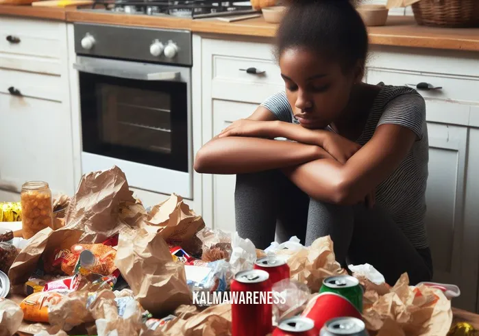 body elemental _ Image: A cluttered, messy kitchen filled with junk food wrappers and empty soda cans. A person sits at the table, slouched over and looking exhausted.