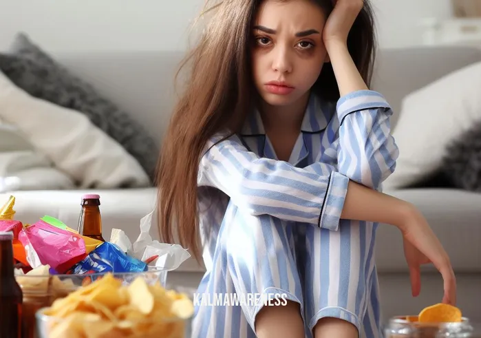 body elemental _ Image description: A disheveled person in pajamas, surrounded by unhealthy snacks and a messy environment, portraying the starting point of an unhealthy lifestyle.