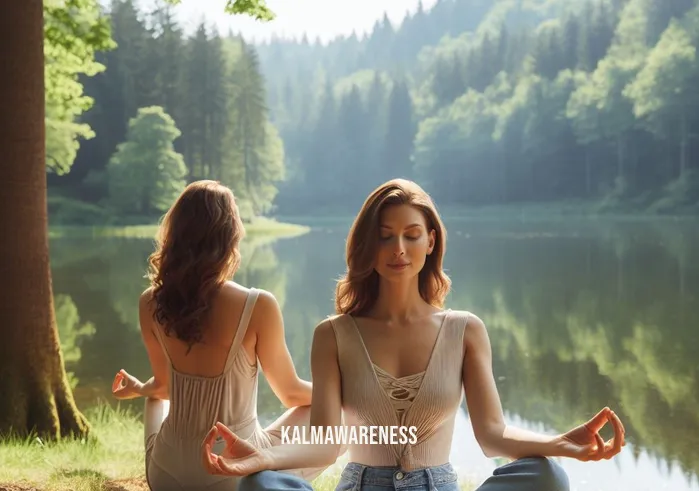 body positivity meditation _ Image: The woman sits with improved posture, a serene smile on her face, as she meditates beside a serene lake in a lush, green forest.Image description: Her newfound sense of body positivity radiates as she connects with nature, finding solace in the tranquility of the natural world.