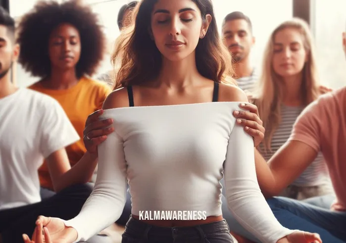 body positivity meditation _ Image: In a community setting, the woman joins a diverse group of people in meditation, each person embracing their unique bodies with confidence.Image description: Embracing diversity, she participates in a group meditation, feeling the support and acceptance of those around her, fostering a sense of unity and empowerment.