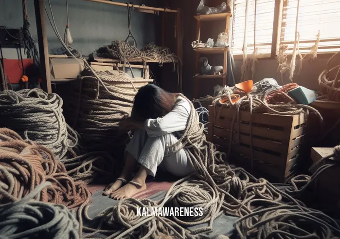 bondage meditation _ Image: A cluttered and chaotic room with a person tangled in ropes, appearing stressed and anxious. Image description: A disorganized room filled with ropes and a person struggling, representing the initial state of bondage meditation.