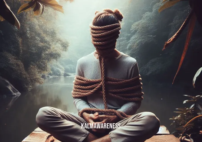 bondage meditation _ Image: The same person in a serene outdoor setting, sitting cross-legged with ropes gently resting around them. Image description: The individual now in a peaceful natural environment, ropes loosely draped over them, starting to find inner calm in bondage meditation.