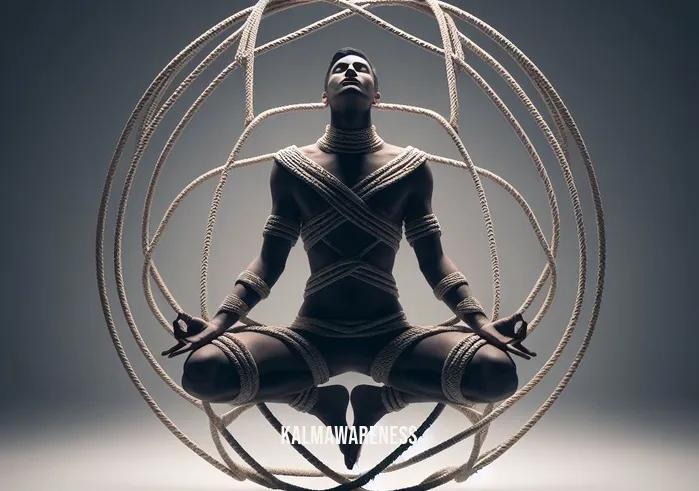 bondage meditation _ Image: The person in a yoga-like pose, with ropes forming intricate patterns around them, showcasing balance and tranquility. Image description: A harmonious blend of yoga and bondage meditation, where the person exudes serenity while bound in elegant rope patterns.