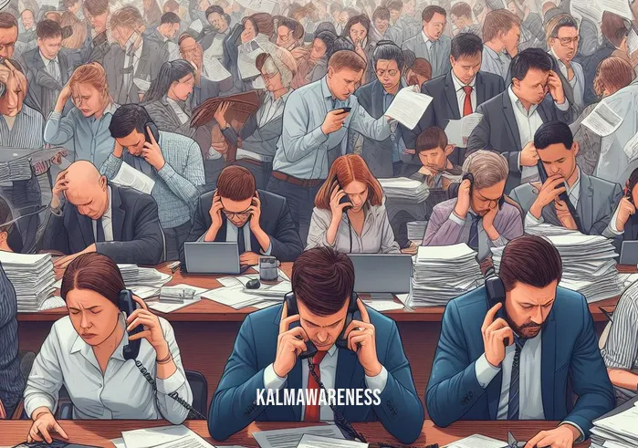 botec meditation _ Image: A crowded, noisy office with people hunched over their desks, looking stressed and overwhelmed.Image description: A chaotic workspace filled with employees, papers, and ringing phones, portraying the problem of workplace stress and burnout.