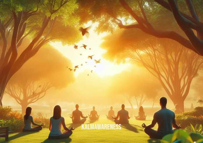 botec meditation _ Image: A serene park at sunrise, with a few individuals sitting in meditation poses, surrounded by lush greenery and chirping birds.Image description: As the sun rises, people find solace in a peaceful park, beginning their meditation journey, seeking relief from their daily stressors.