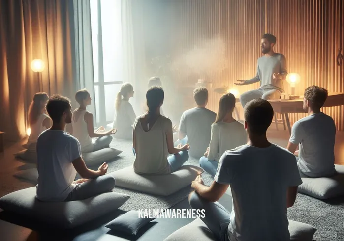 botec meditation _ Image: A meditation studio with participants sitting comfortably on cushions, guided by an instructor, with soft lighting and calming decor.Image description: In a dedicated meditation studio, people gather to learn mindfulness techniques from a knowledgeable instructor, taking their first steps toward inner peace.