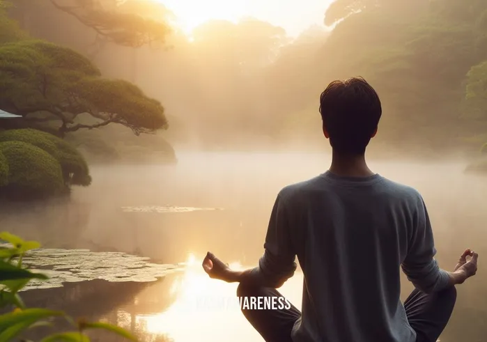 breakup meditation _ Image: A serene park at dawn, with a gentle mist hanging over a tranquil pond. A different person, wearing comfortable clothing, practices yoga, their eyes closed in meditation, as if absorbing the stillness of the surroundings.