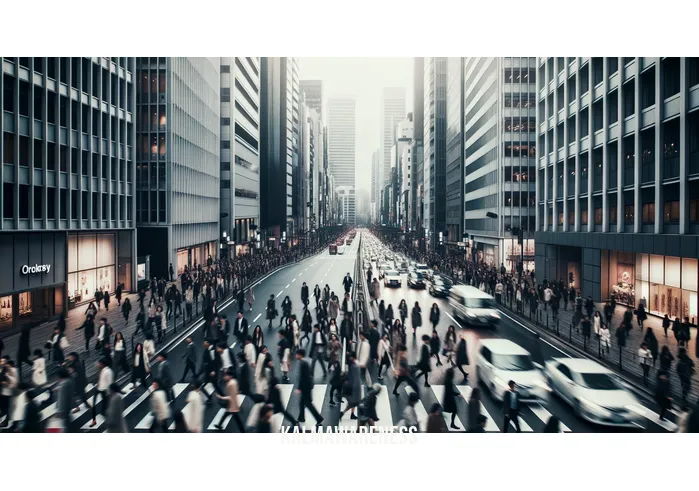 bubble meditation _ Image: A crowded, noisy city street with people rushing by, looking stressed and overwhelmed.Image description: A bustling urban scene with pedestrians, cars, and buildings. People appear hurried and anxious.