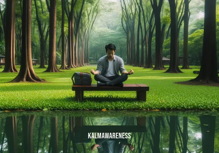 bubble meditation _ Image: A serene park with a peaceful pond, where a person is sitting on a bench, trying to meditate but still looking restless.Image description: A tranquil park setting with a calm pond. A person sits on a bench, attempting to meditate but struggling to find inner peace.