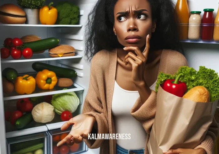 detox your heart _ Image: A person standing in front of their refrigerator, looking puzzled and holding a greasy fast-food takeout bag. Image description: A person with a confused expression holding a fast-food bag in front of their open refrigerator.